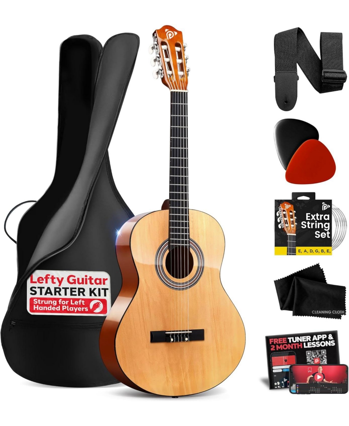 Pyle Left-Handed Beginner Acoustic Guitar Kit - 3/4 Junior Size 36" All-Wood Guitar with Accessories, Tuner App & Lessons, Natural Gloss - Brown