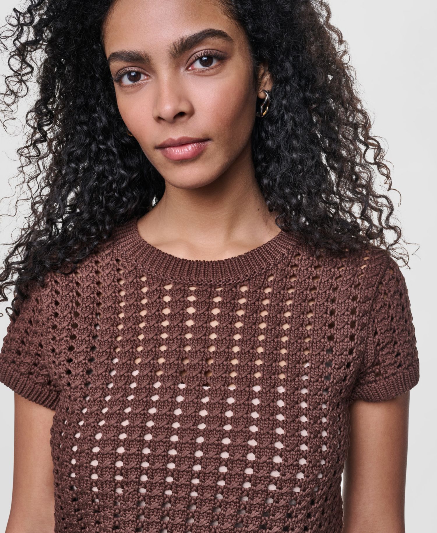 Women's Short-Sleeve Airy Chunky Pointelle Crewneck Sweater