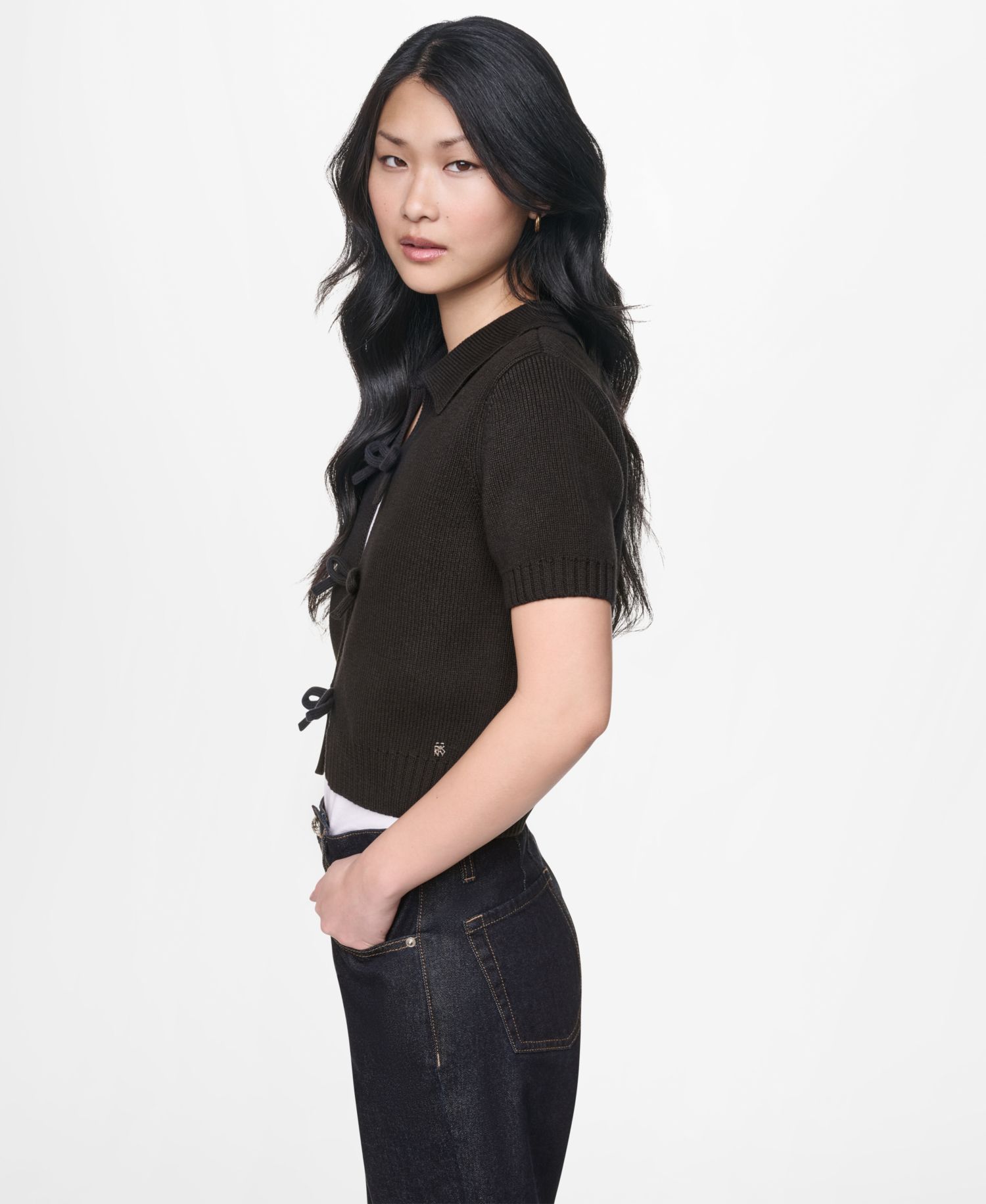Women's Short-Sleeve Polo Collar Tie-Front Sweater