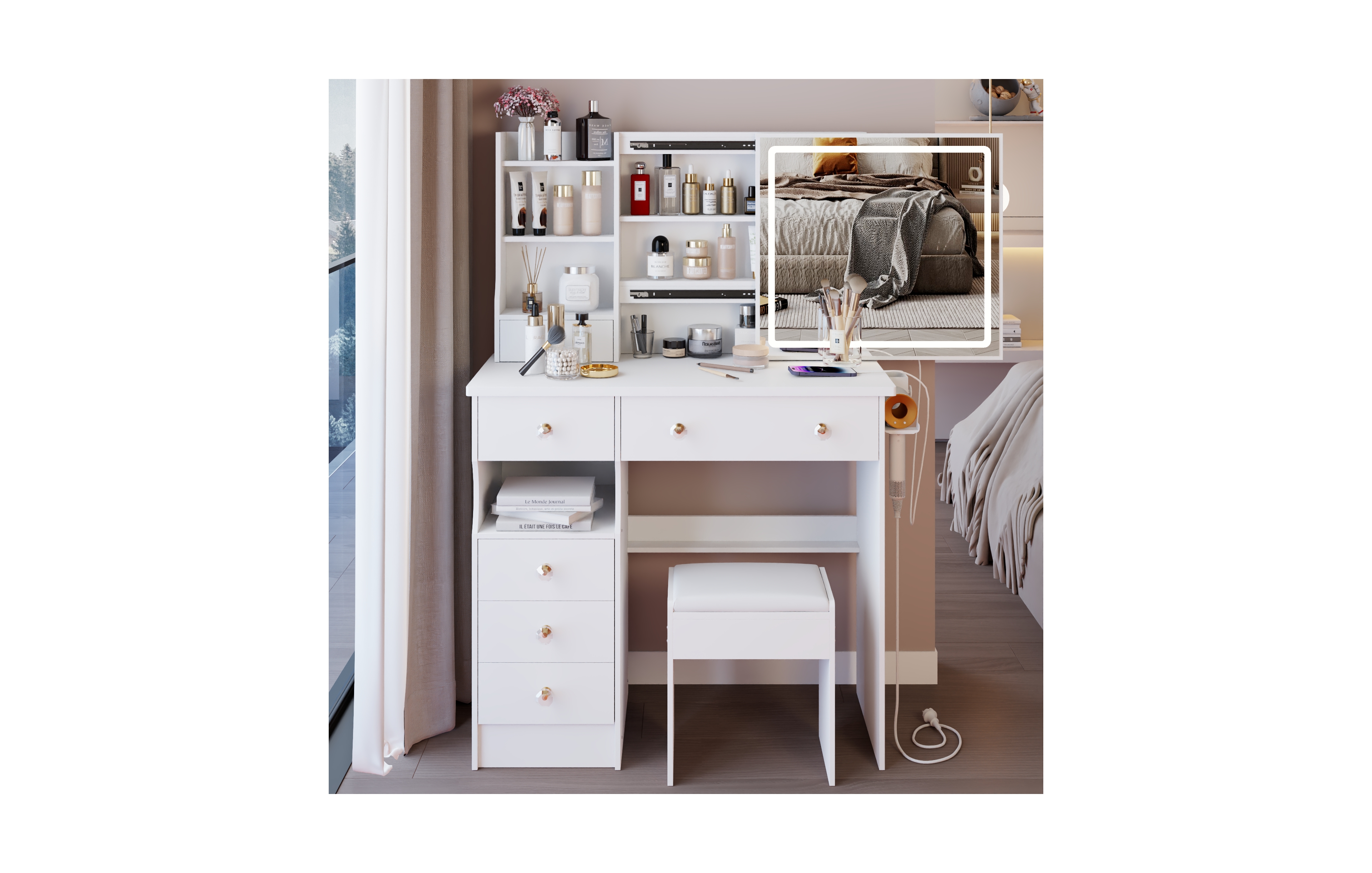 Rainsken Makeup Vanity Set with Touch Control Led Sliding Mirror, Cushioned Stool, Makeup Desk with Usb Charge and Hair Dryer Stand for Bedroom