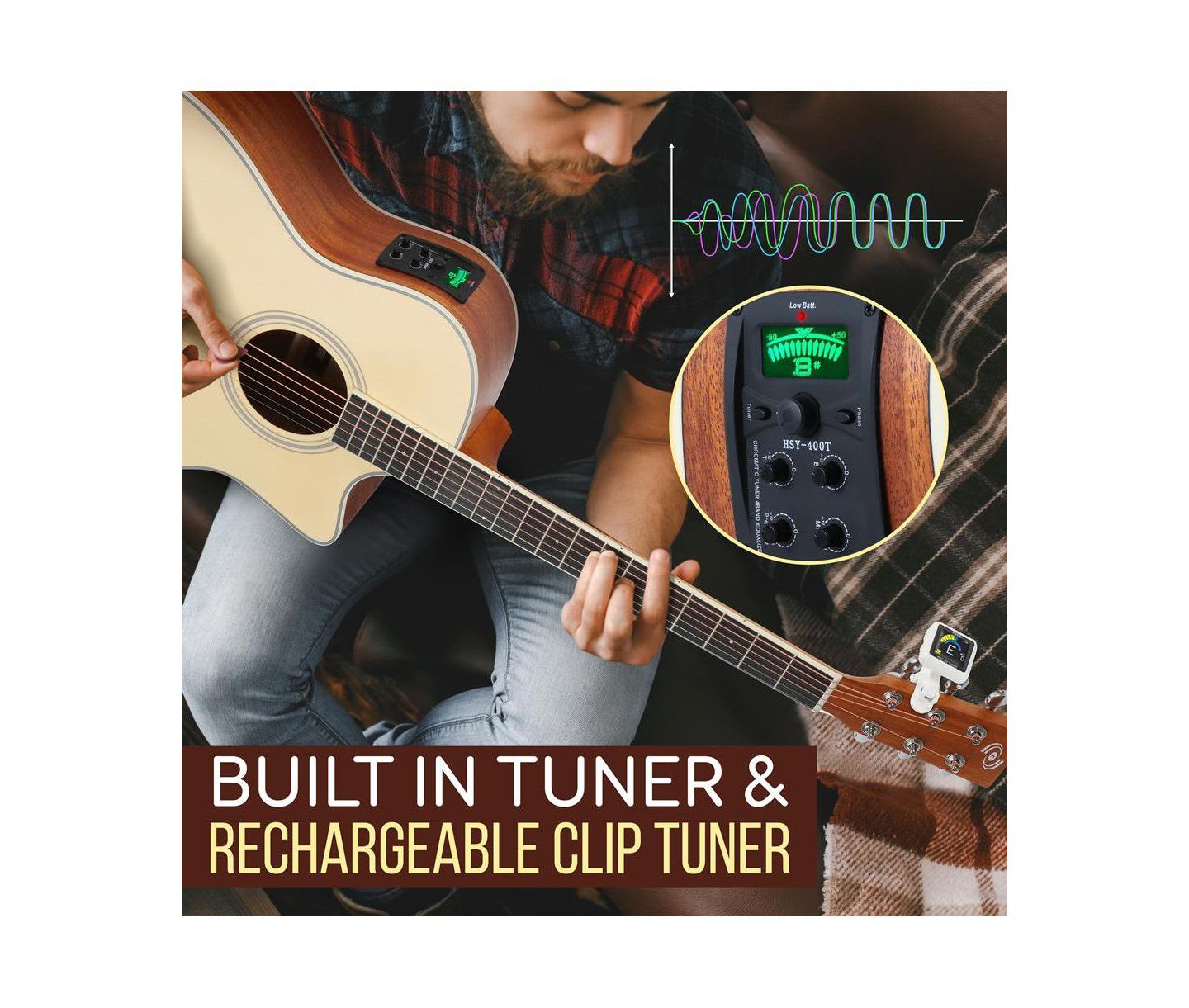 Детские игрушки Pyle 6-String Electric Acoustic Guitar - Guitar with Digital Tuner & Accessory Kit, цвет: Коричневый — фото 4