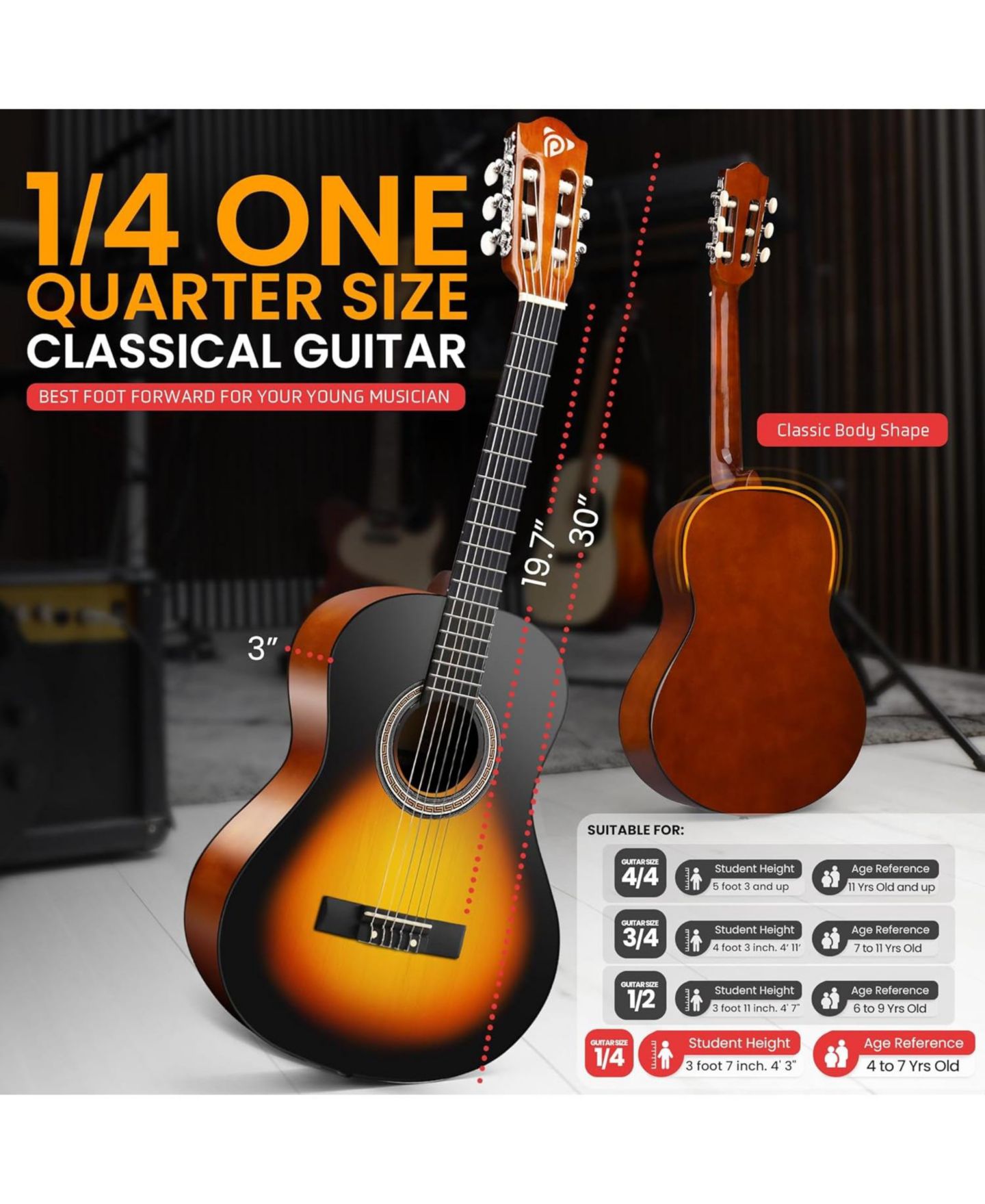 Детские игрушки Pyle Beginner Nylon String Acoustic Guitar 7-Piece Kit, Ages 4+, цвет: Sunburst — фото 3