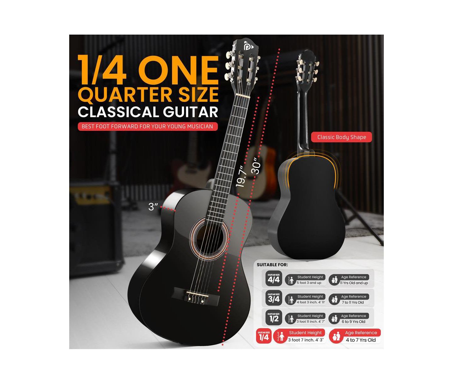 Детская игрушка Pyle Nylon-String Beginner Classical Guitar, Ages 4+, цвет: Чёрный — фото 3