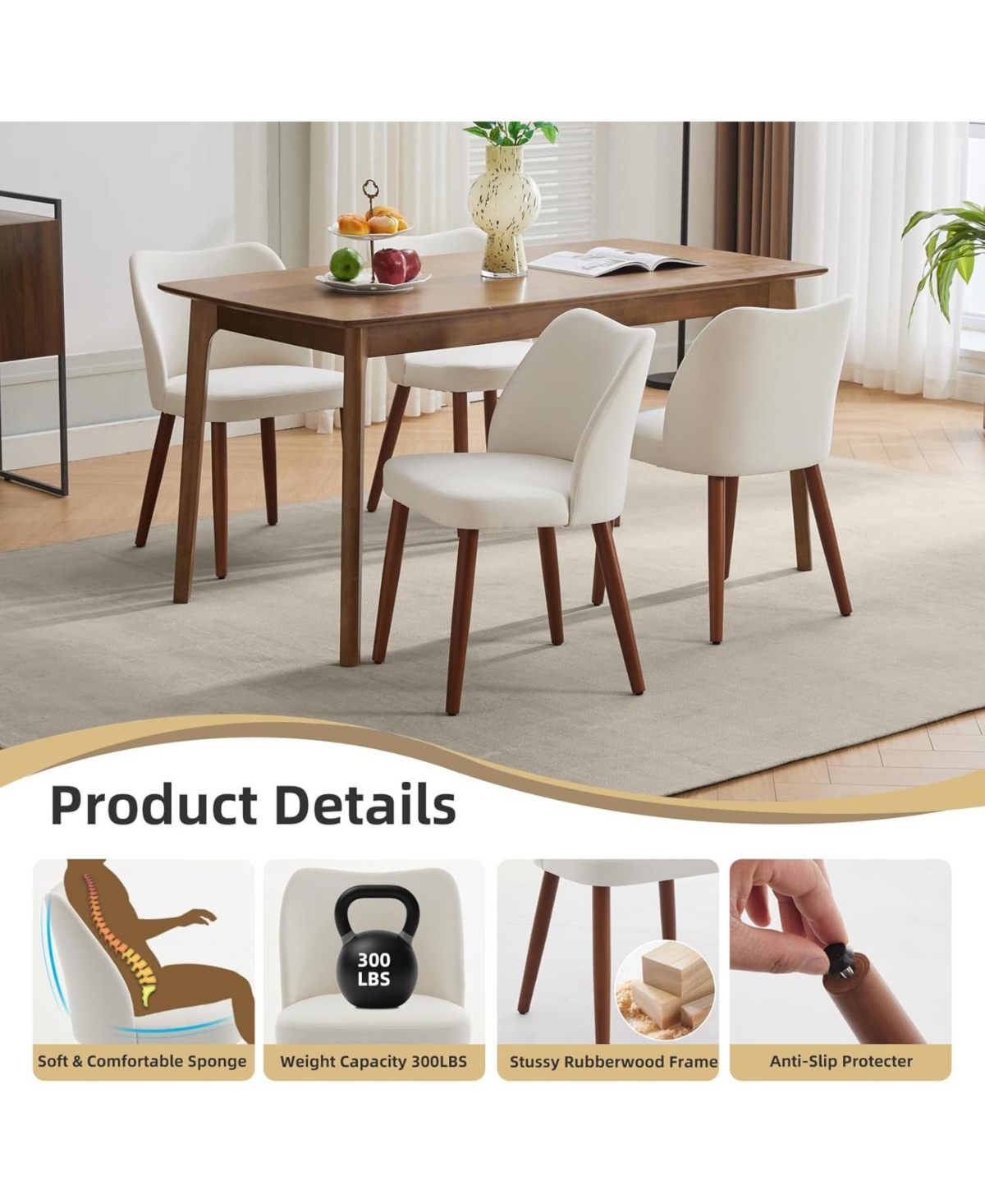 gaomon Set of 4 Linen Upholstered Dining Chairs with Wing Backrest and Solid Wood Legs, Wooden Kitchen Chairs