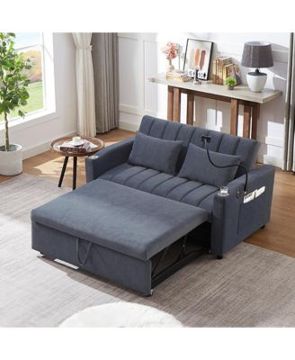 Convertible Sofa Bed, Loveseat Sofa with Adjustable Backrest, 360degree(s) Swivel Phone Holder, 2 Cup Holders and USB Ports for Living Room