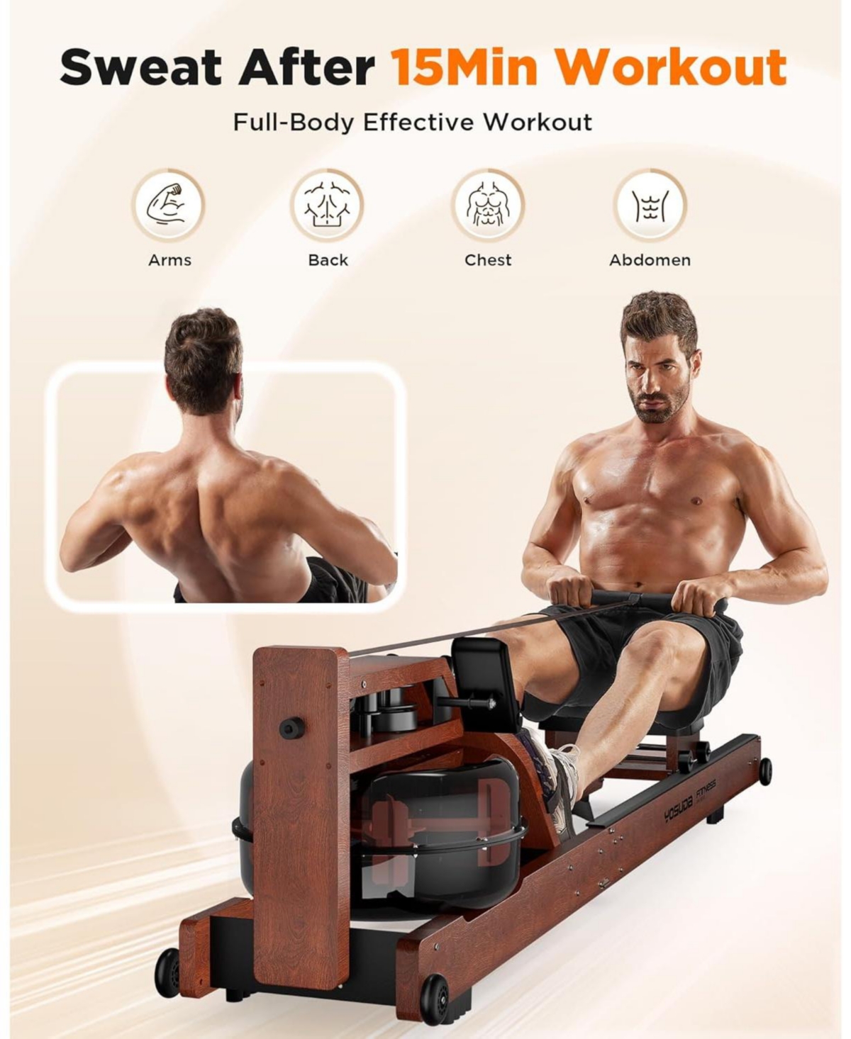Fed Fitness Pro Wood Water Rowing Machine, Upgraded Ergonomic Frame, 400 Lbs Weight Capacity, Foldable, Large Leak-Proof Tank, Bluetooth App