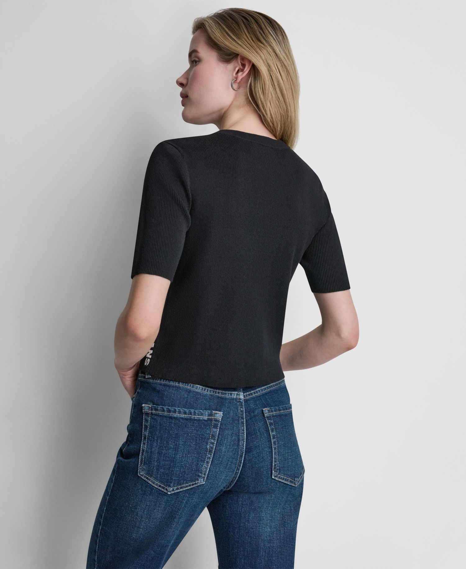 Women's Side Logo Button-Front Elbow-Sleeve Crewneck Sweater