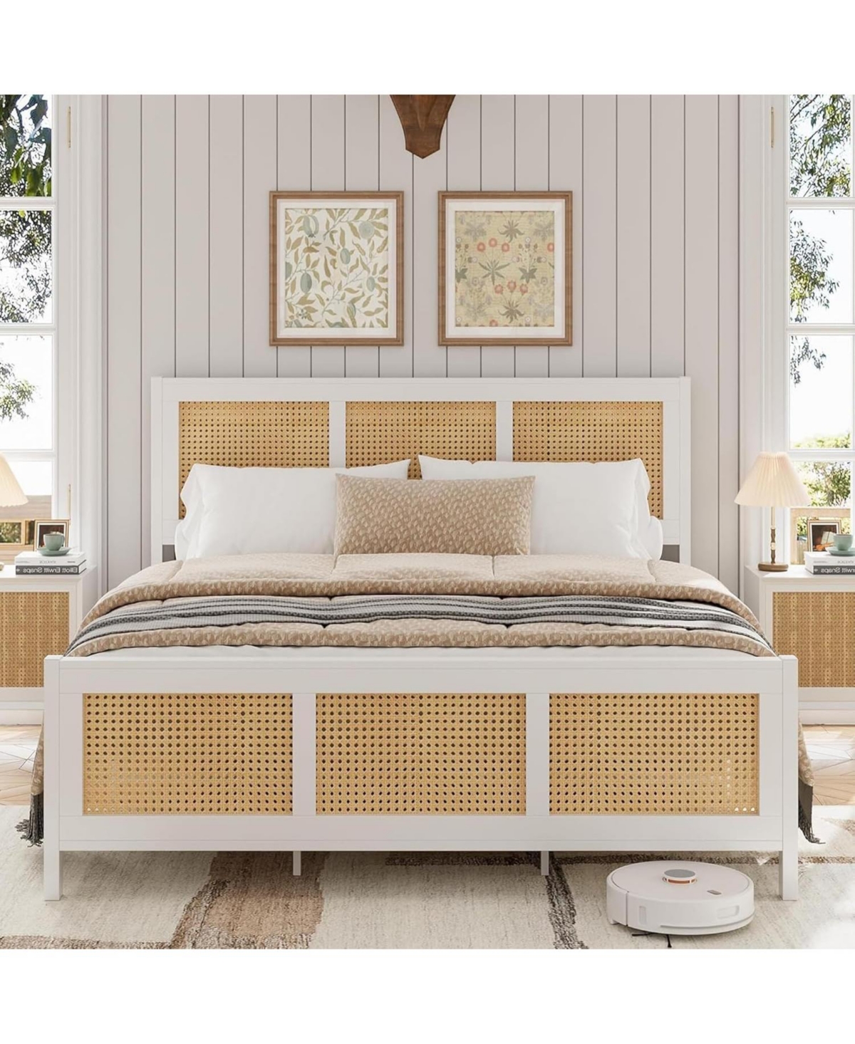 gaomon Rattan Platform Bed, Woven Cane Headboard, 14" Storage