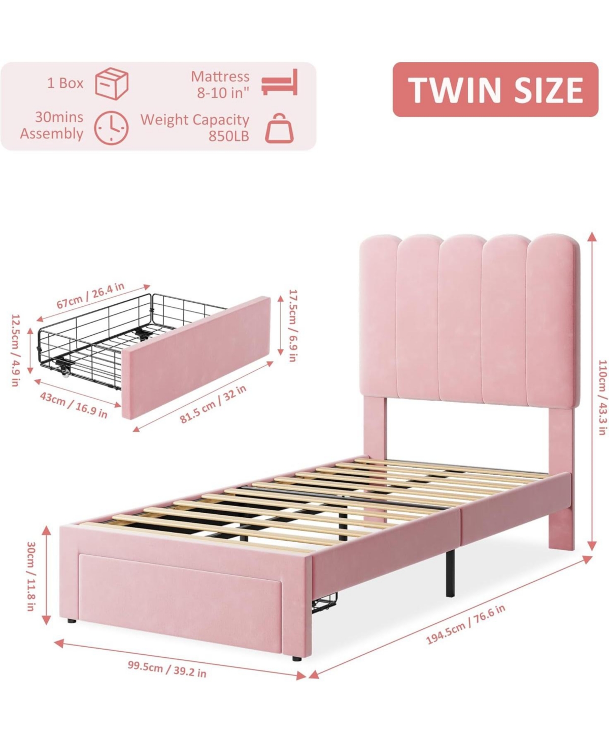 gaomon Twin Velvet Platform Bed with Drawer