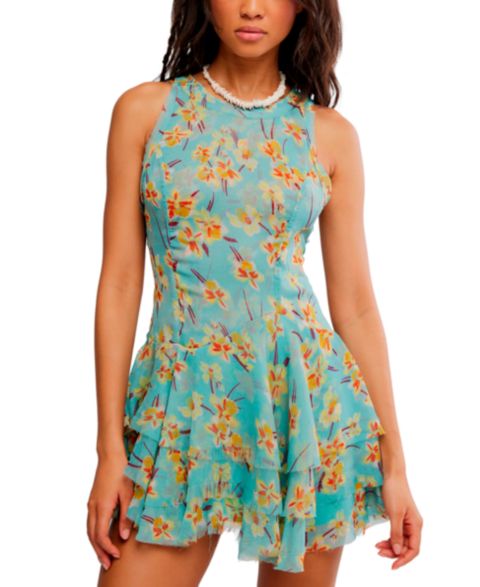 Женское платье Free People Raven Printed Ruffle Mini, цвет: Аквамариновый комбинированный
