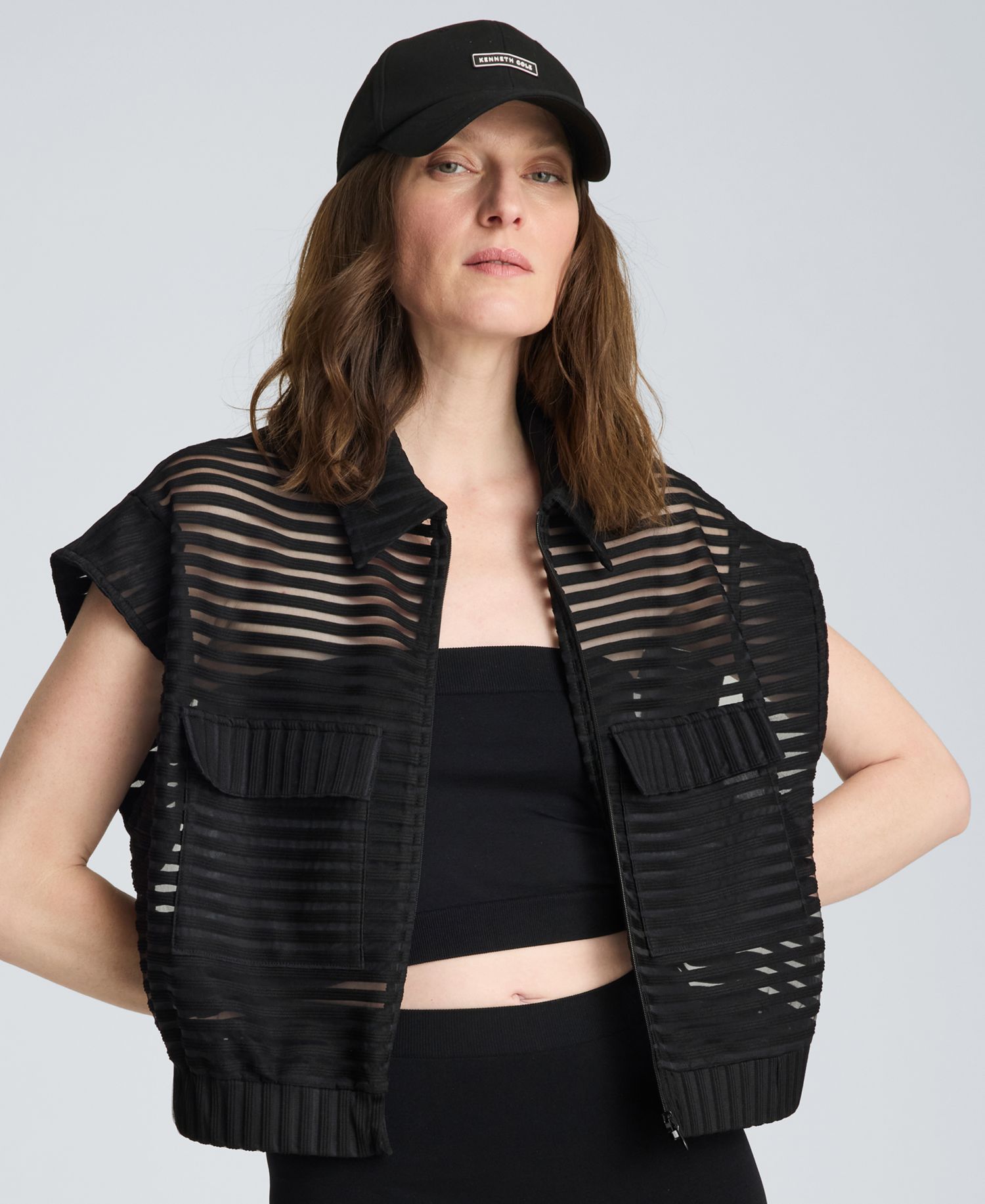Women's Rib Mesh Sleeveless Cardigan with Chest Pockets