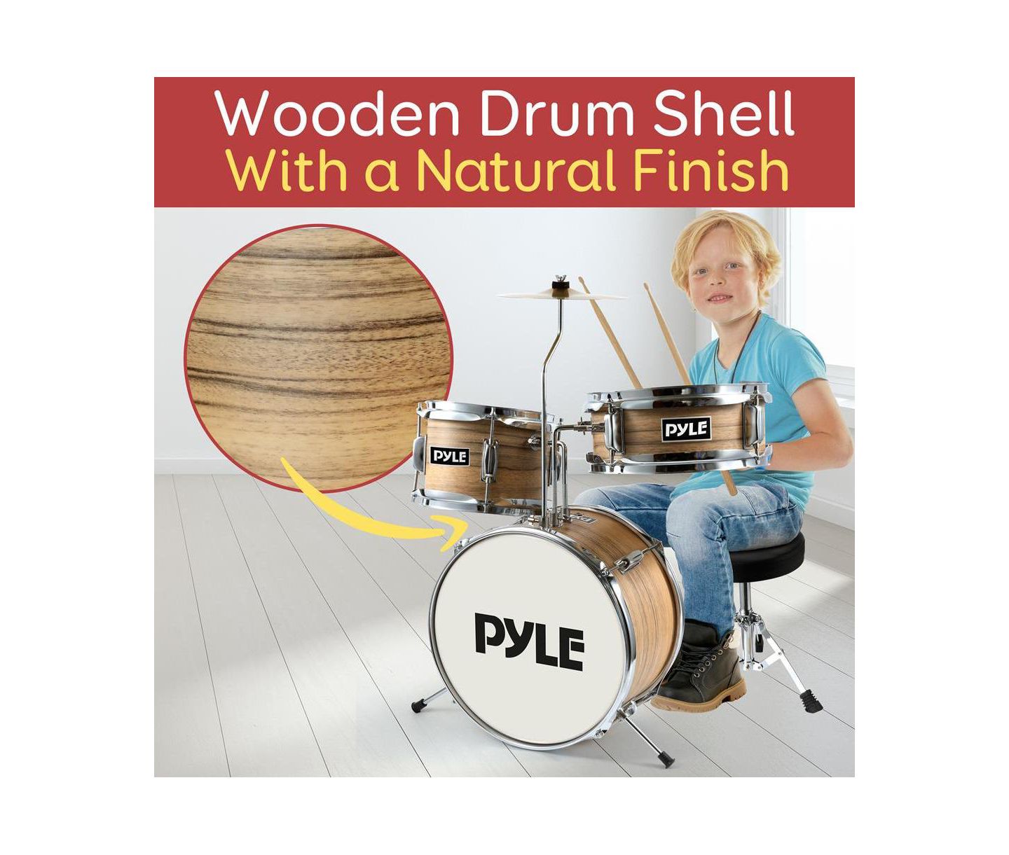 Детские игрушки Pyle 3-Piece Kids/Junior Drum Set - Includes Bass Drum, Tom, Snare, Cymbal, Throne, and Sticks, Natural Finish (PDRMKIT72N) — фото 6