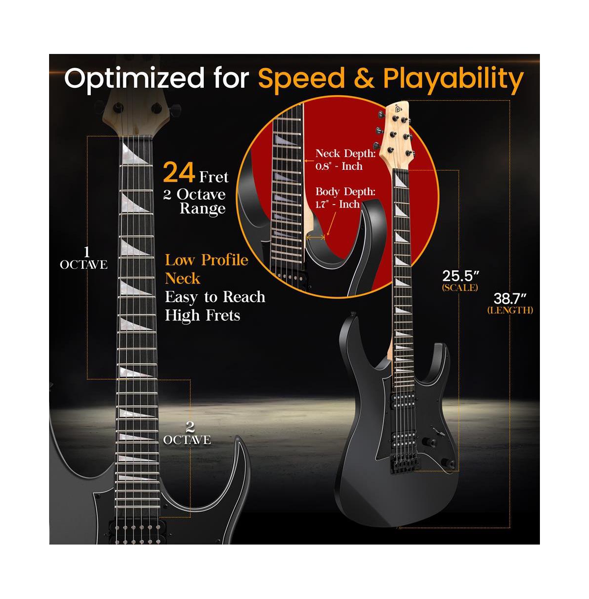 Pyle 38.7" Full Size Electric Guitar Kit - Includes Amplifier, Travel Bag, and Accessories, (PEGKT781BK)