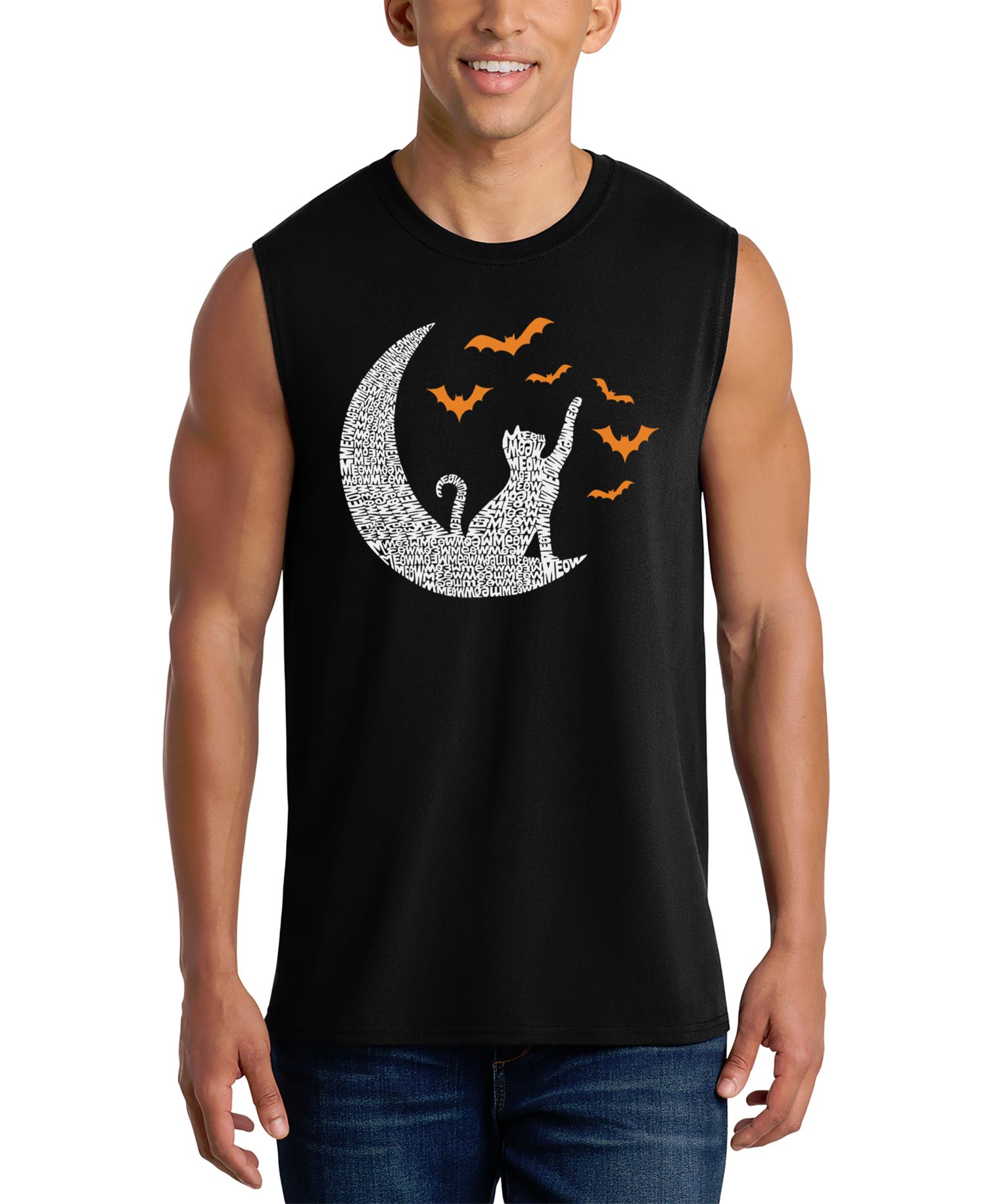 Men's Cat on Moon Halloween Word Art Graphic Tank Top