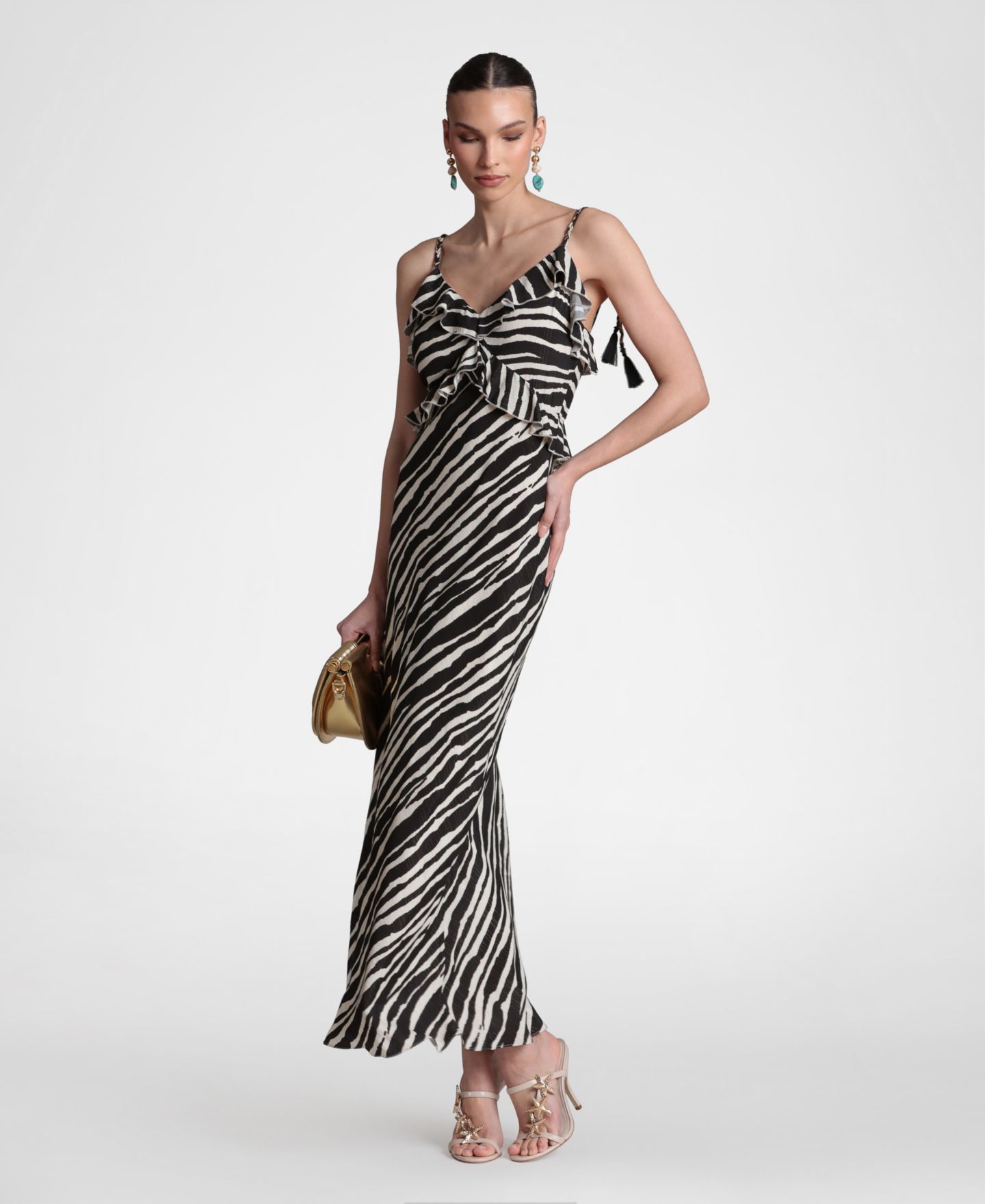 Женское платье Avec Les Filles Braided Tie Ruffle Maxi, цвет: Зебра с принтом — фото 4