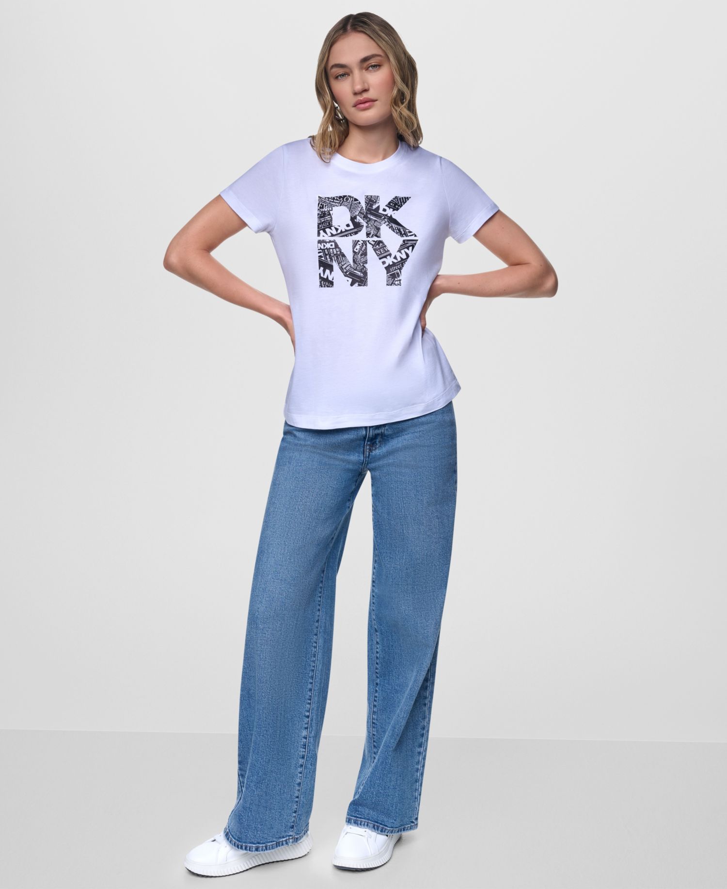 Women's Short-Sleeve Newsprint DKNY Stacked Logo Crewneck T-Shirt