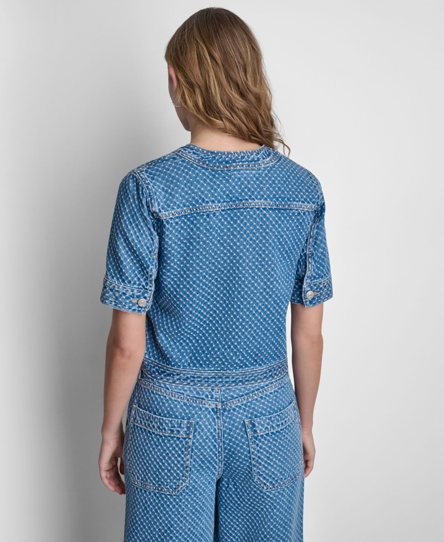 Women's Cropped Patch Pocket Short-Sleeve Boucle Denim Shirt Jacket