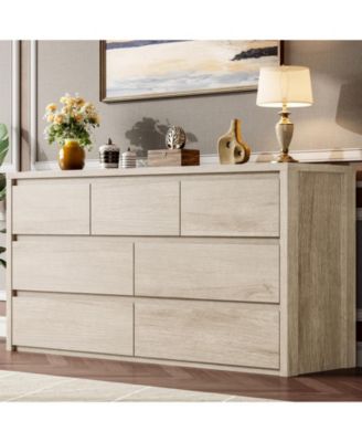 Modern 7 Drawer Dresser for Bedroom - Wide Wooden Chest, Large Storage Organizer for Living Room, Hallway, Handle-Free Design, Anti-Tip Safety