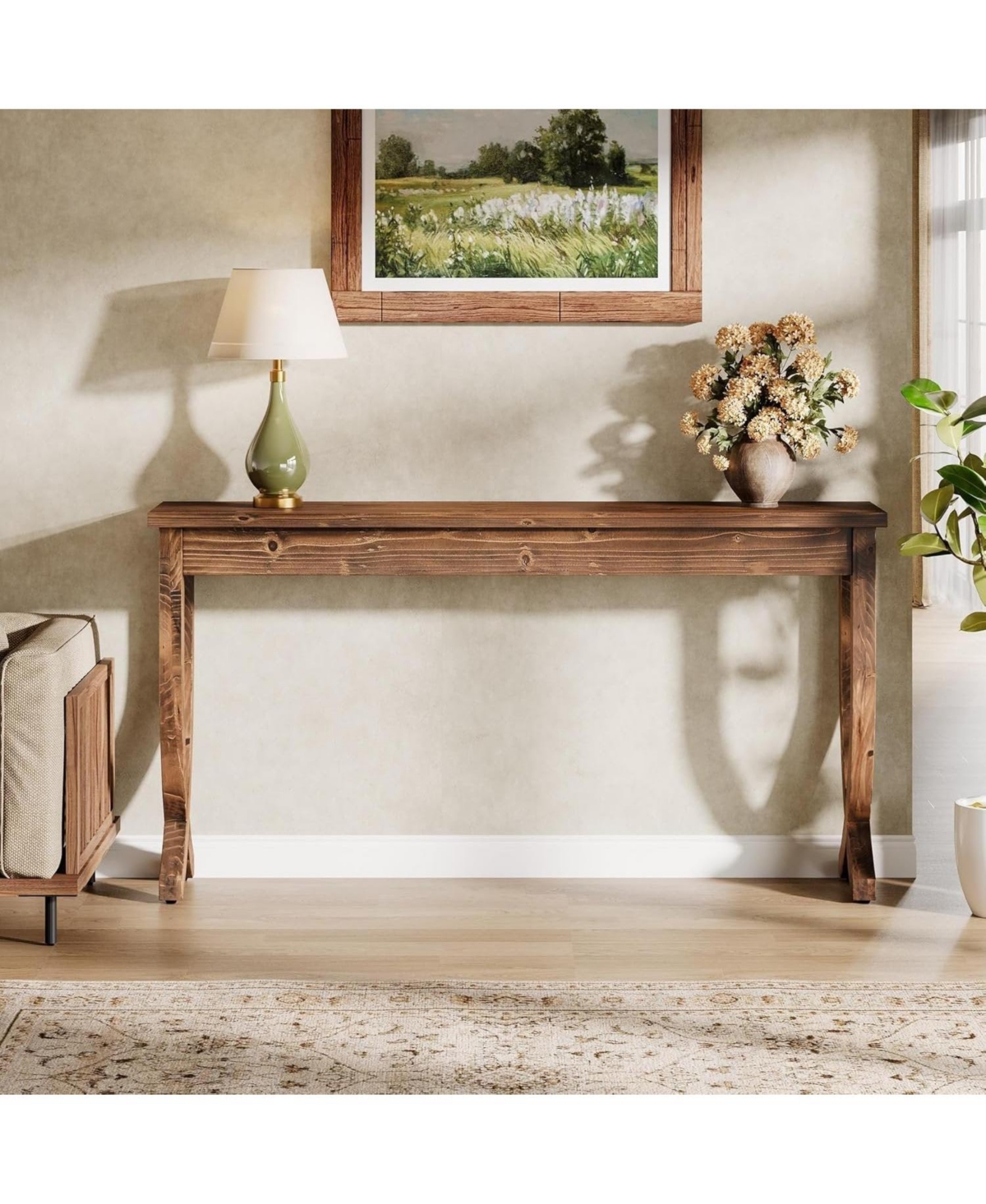 Slickblue Farmhouse Entryway Console Table, Solid Wood Sofa Table for Living Room-Brown
