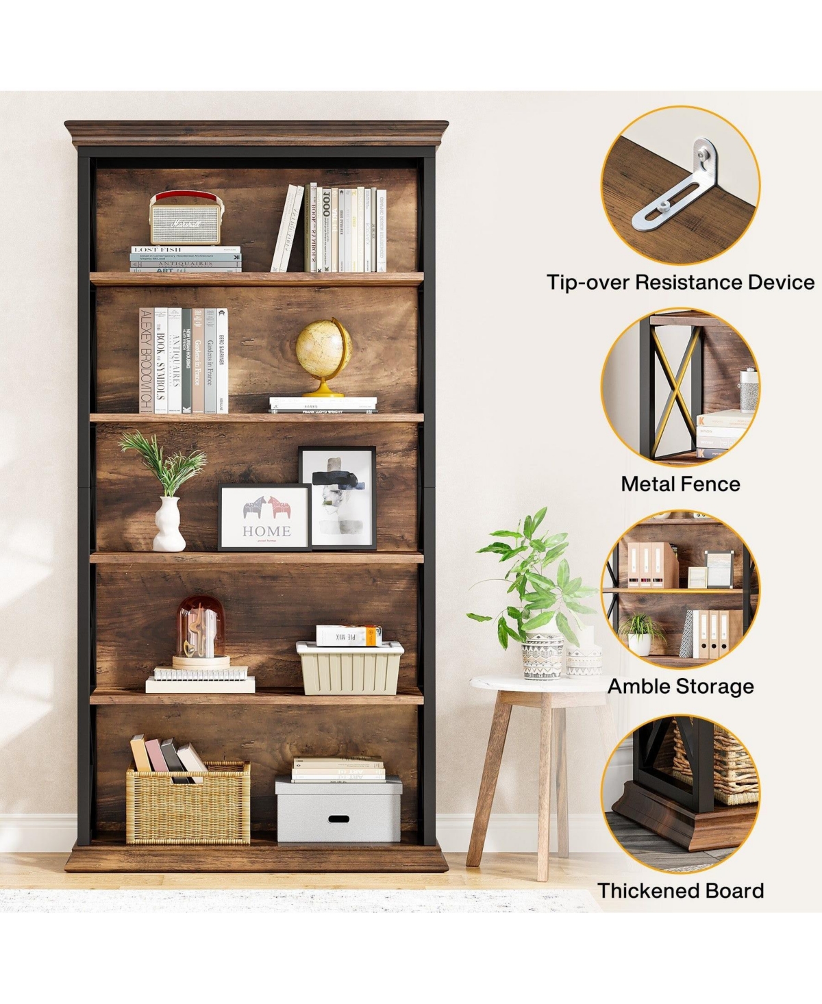 Slickblue Industrial Bookshelf Metal and Wooden Display Shelf