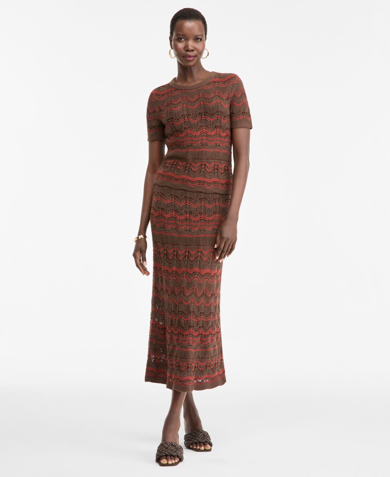 Women's Metallic Crochet Stripe Sweater Skirt