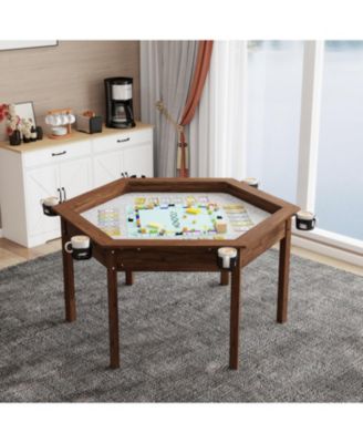 2-in-1 Dining and Gaming Table, with Cup Holders, Removable Top, for 4-6 Players, Non-Slip Play Mat, Solid Wood Legs