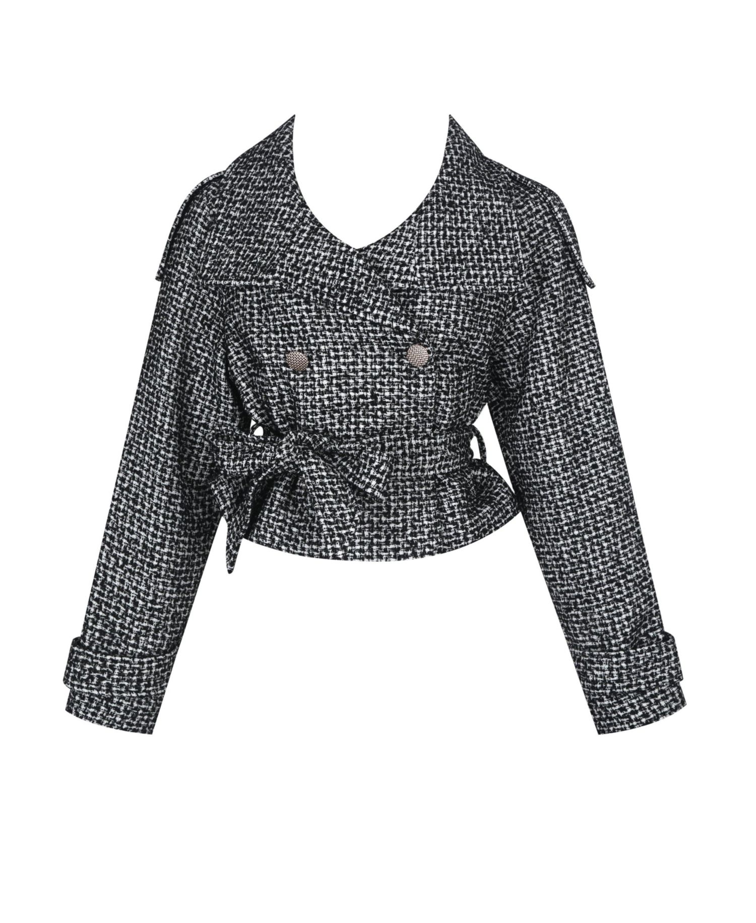 Women's Sadie Black and White Tweed High Collar Belted Mini Jacket