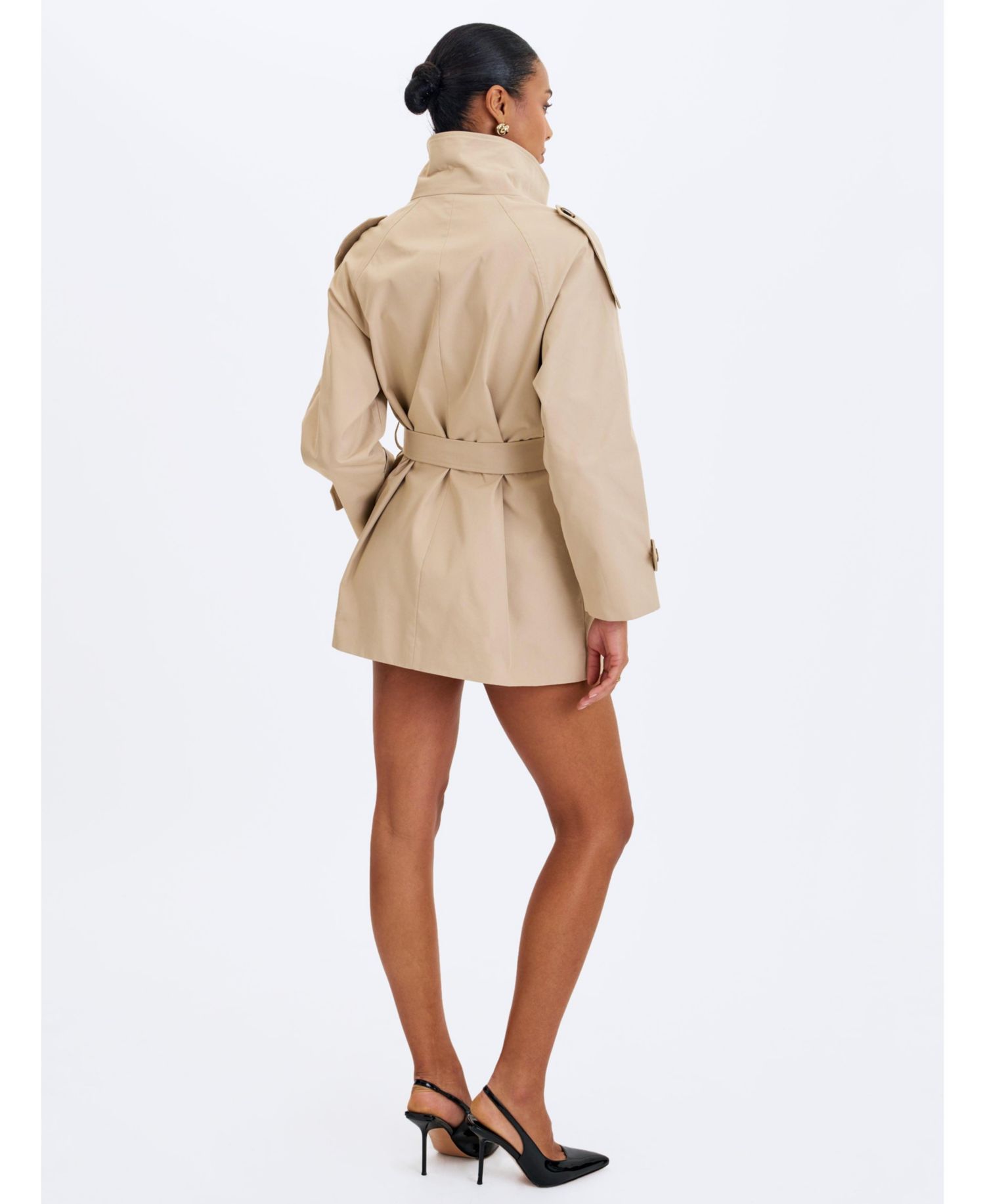 Women's Vanetta Tan High Collar Double-Breasted Trench Mini Coat