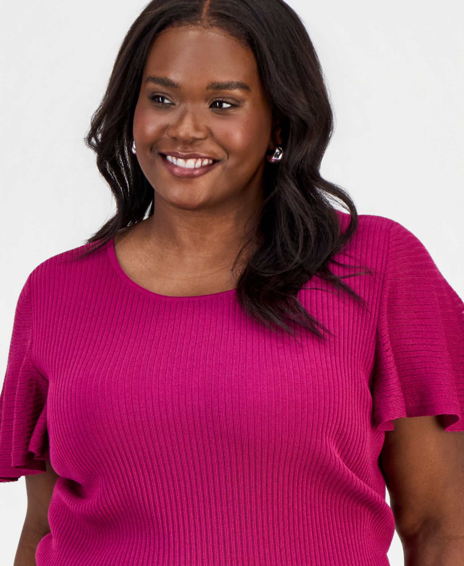 Petite Crewneck Flutter-Sleeve Rib-Knit Sweater