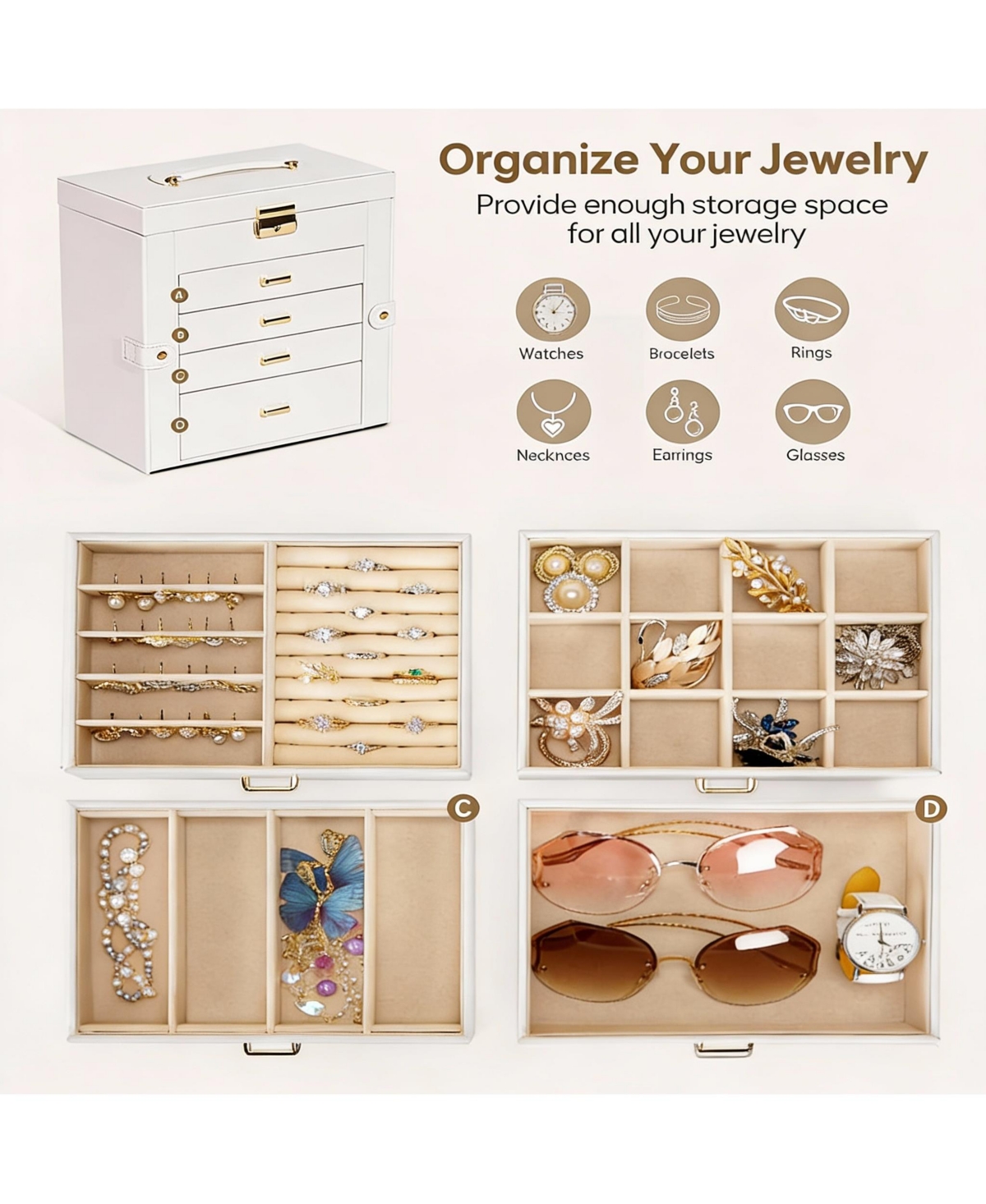 Yigii Leather Jewelry & Watch Organizer with Drawers and Mirrors