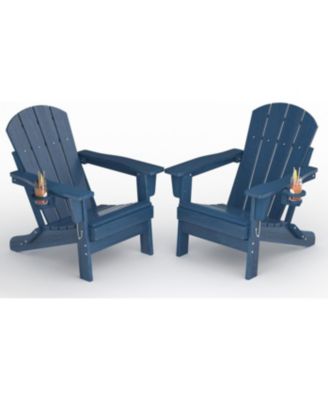 Set of 2 Folding Adirondack Chair, HDPE Outdoor Patio Chair with Cup Holder, All Weather Resistent Wooden Textured for patios, Decks, Gardens