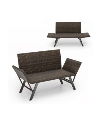 Patio Convertible Sofa for 2 Quick Dry Foam Padded Rattan with Armrests