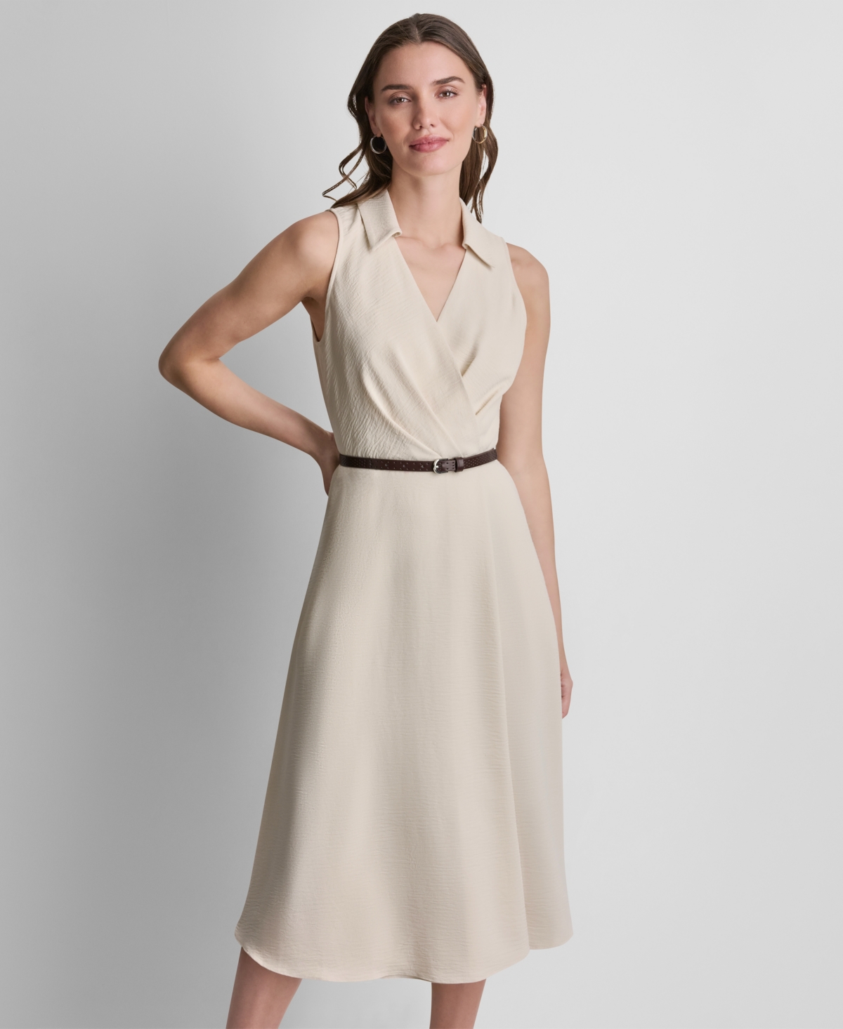 Dkny Women's Sleeveless Faux Wrap Removable Buckle Belt Shirt Dress