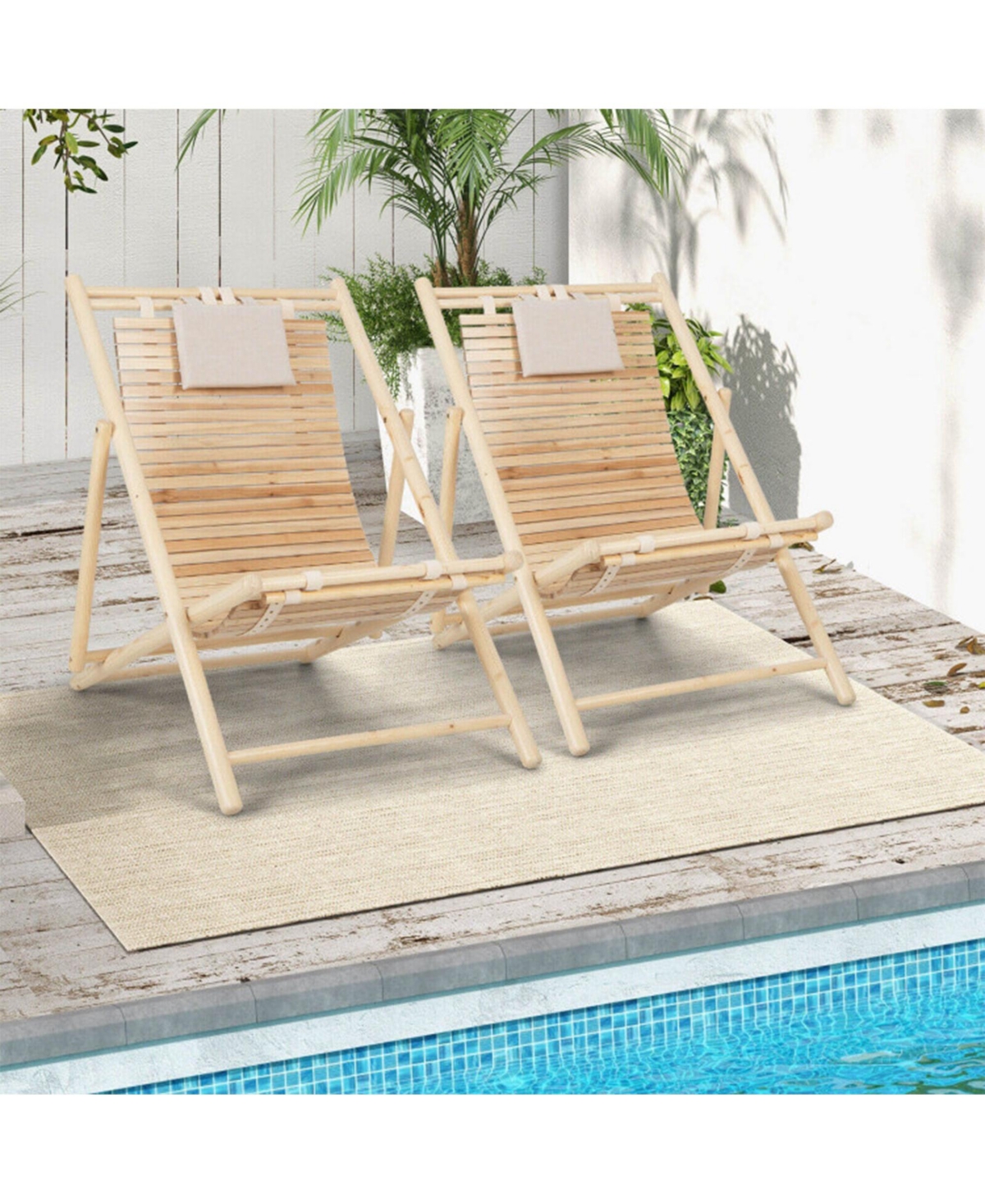 Clihome Solid Fir Wood Lounge Chair 3-Level Adjustable Backrest Padded Headrest
