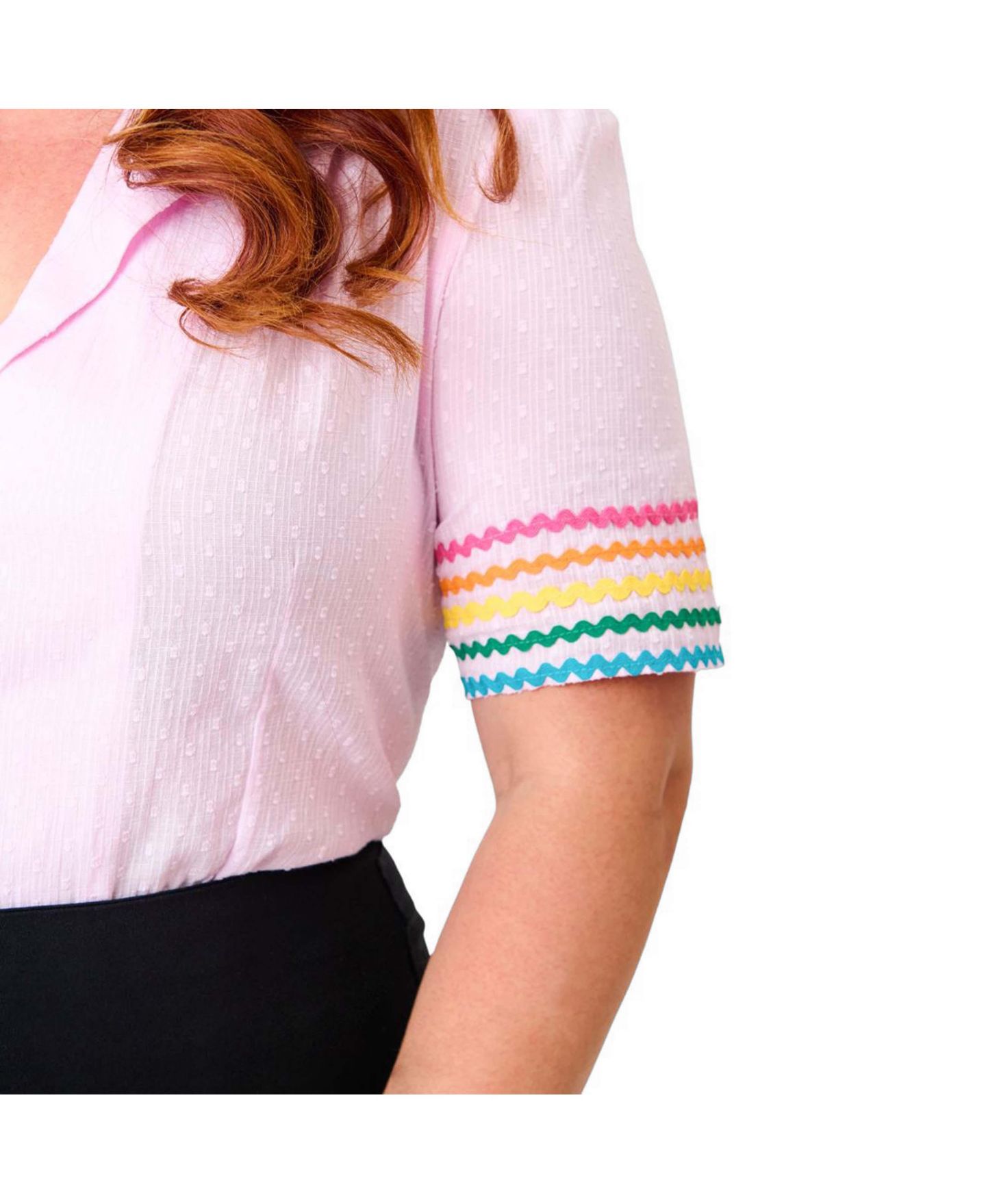 Женская блузка Unique Vintage Plus Size Short Sleeve Collared Button Down Woven, цвет: Розовый / С принтом — фото 3