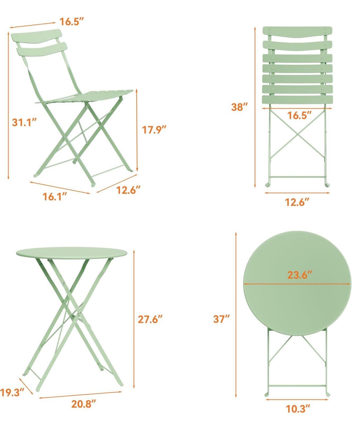 gaomon 3 Piece Folding Patio Bistro Set, Metal Table and 2 Chairs, Compact Outdoor Indoor Bistro Set for Balcony, Garden, Yard