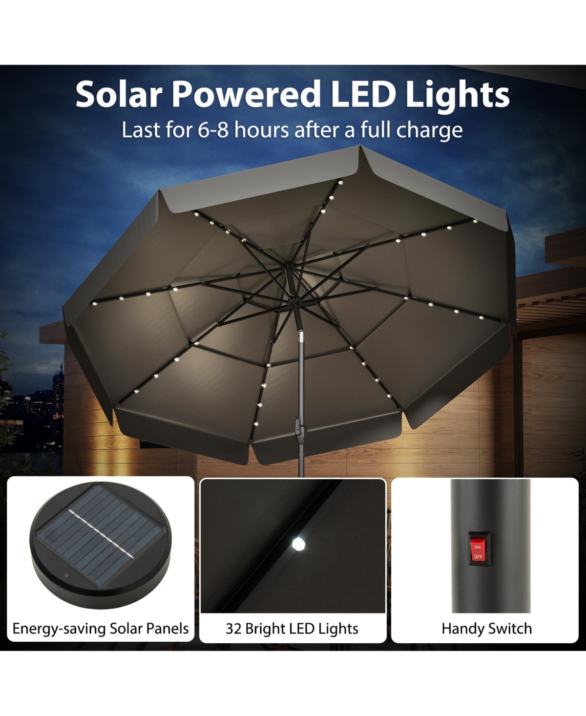 Sugift Solar Patio Umbrella with Tier Vented Top