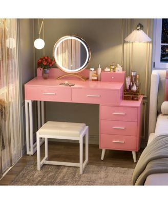 Vanity Desk with Mirror and Lights, Makeup Vanity Set with 6 Drawers and Stool