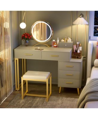 Vanity Desk with Mirror and Lights, Makeup Vanity Set with 6 Drawers and Stool