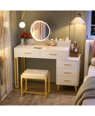 Vanity Desk with Mirror and Lights, Makeup Vanity Set with 6 Drawers and Stool