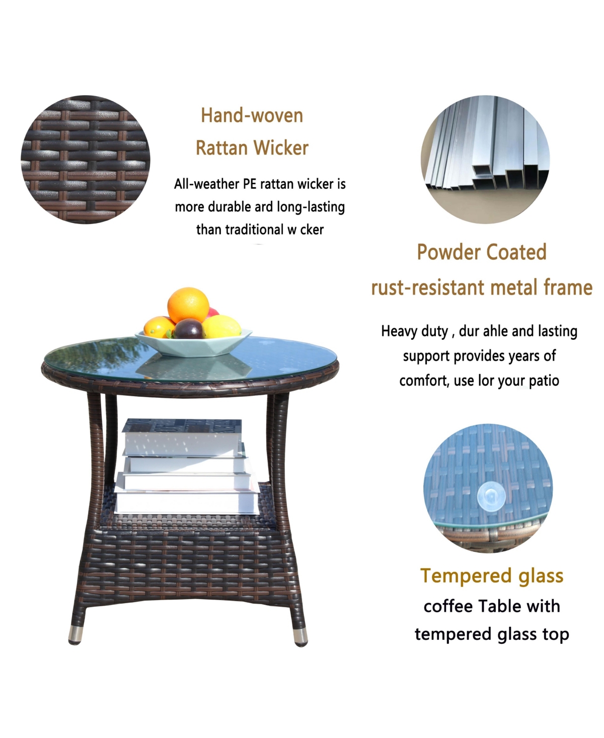 Clihome 21" Round Outdoor Coffee Table - Pe Rattan with Tempered Glass Top, Steel Frame
