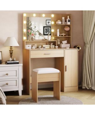 Vanity Desk with HD Mirror and 10 LED Bulbs - 3 Adjustable Lighting Modes - Power Outlet and Hairdryer Rack Makeup Vanity Set for Bedroom