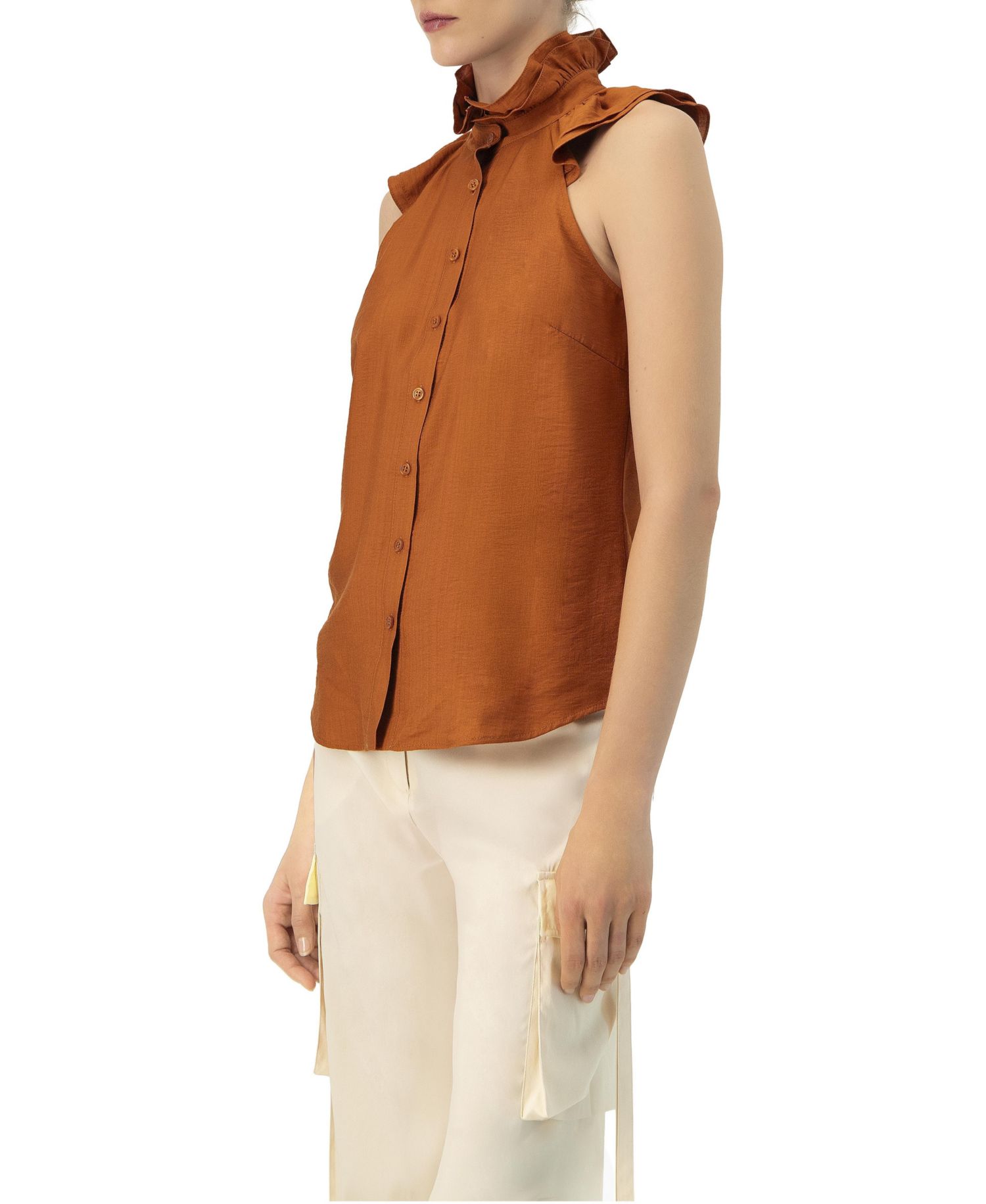 Women's Sleeveless High Neck Blouse with Front Buttons