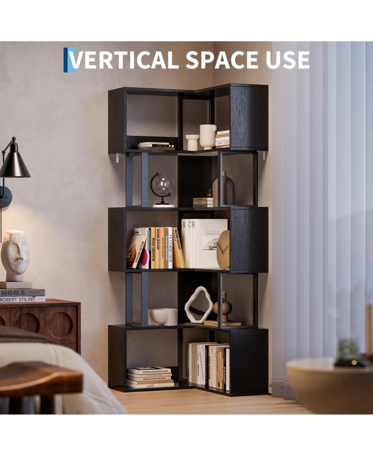 gaomon Space-Saving L-Shaped Corner Bookshelf - 6-Tier Freestanding Metal and Wood Bookcase with Baffle