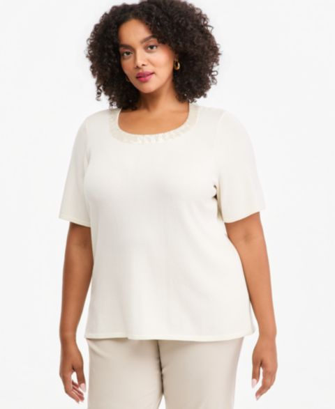 Женский свитер JM Collection Plus Size Sequin Short-Sleeve Scoop Neck, цвет: Яркая слоновая кость