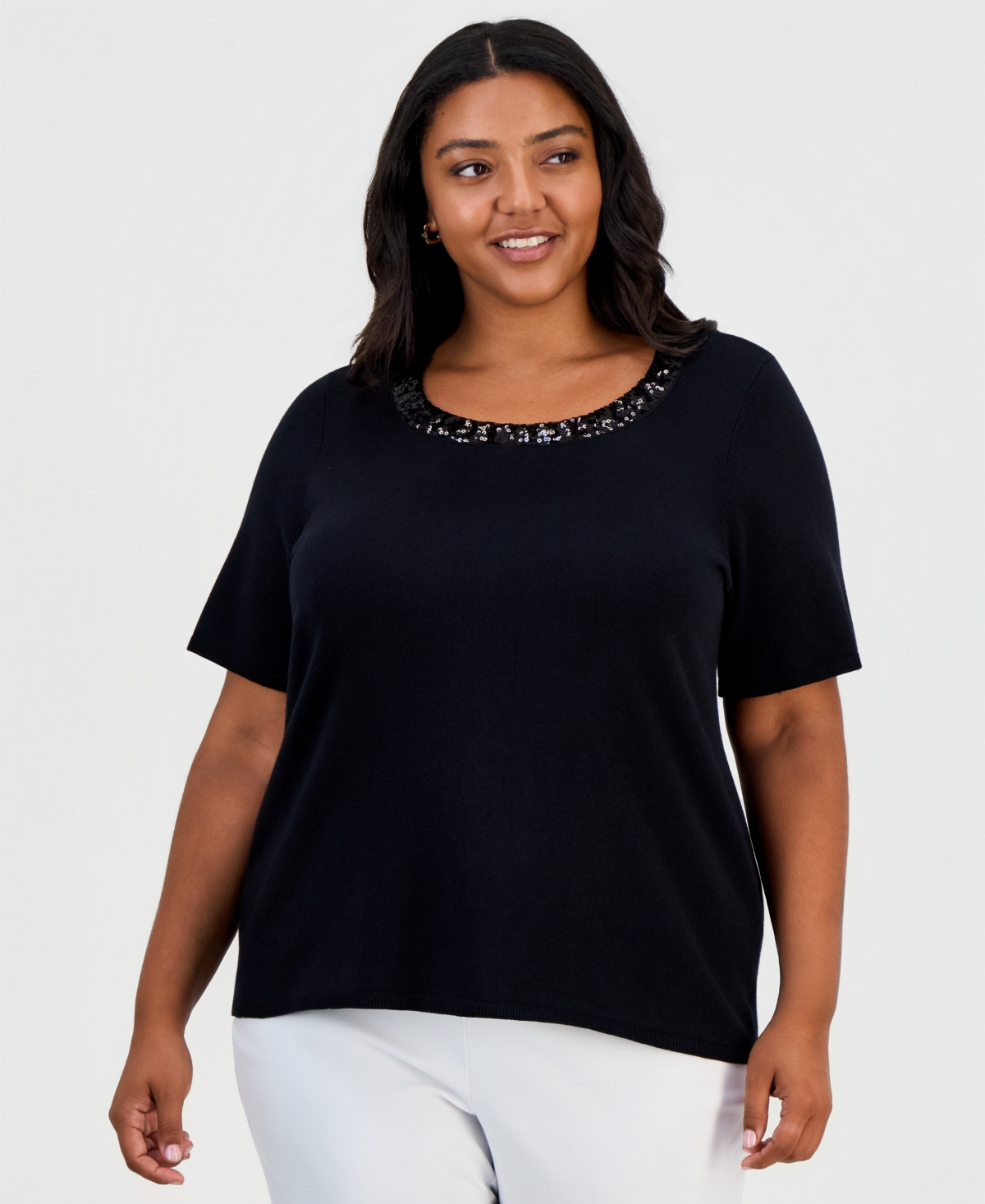 Jm Collection Plus Size Sequin Short-Sleeve Scoop Neck Sweater, Macy's Exclusive
