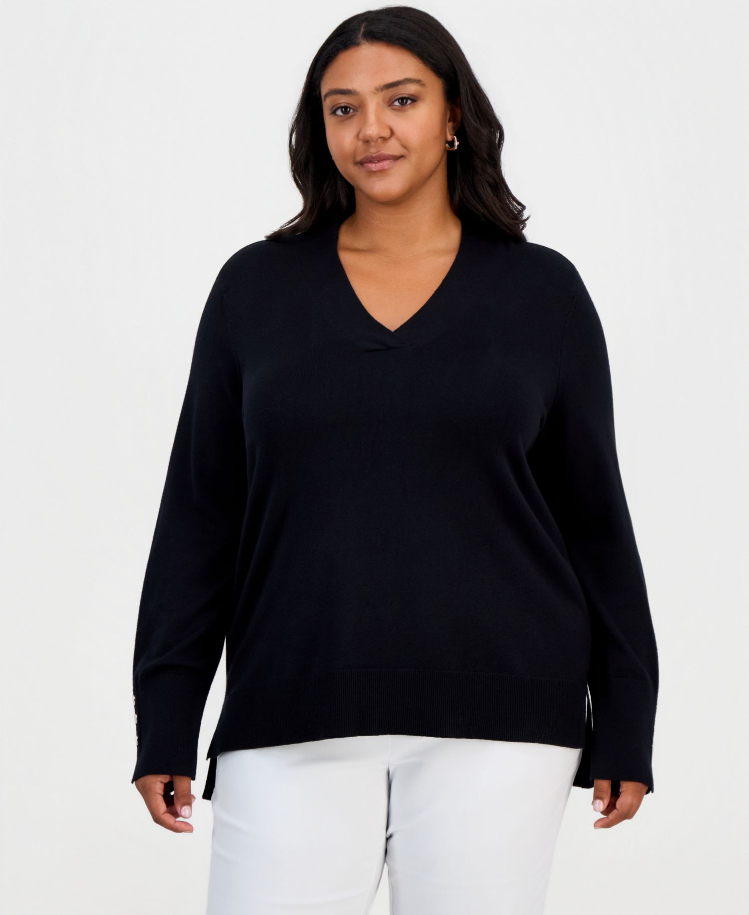 Plus Size High-Low Hem V-neck Sweater