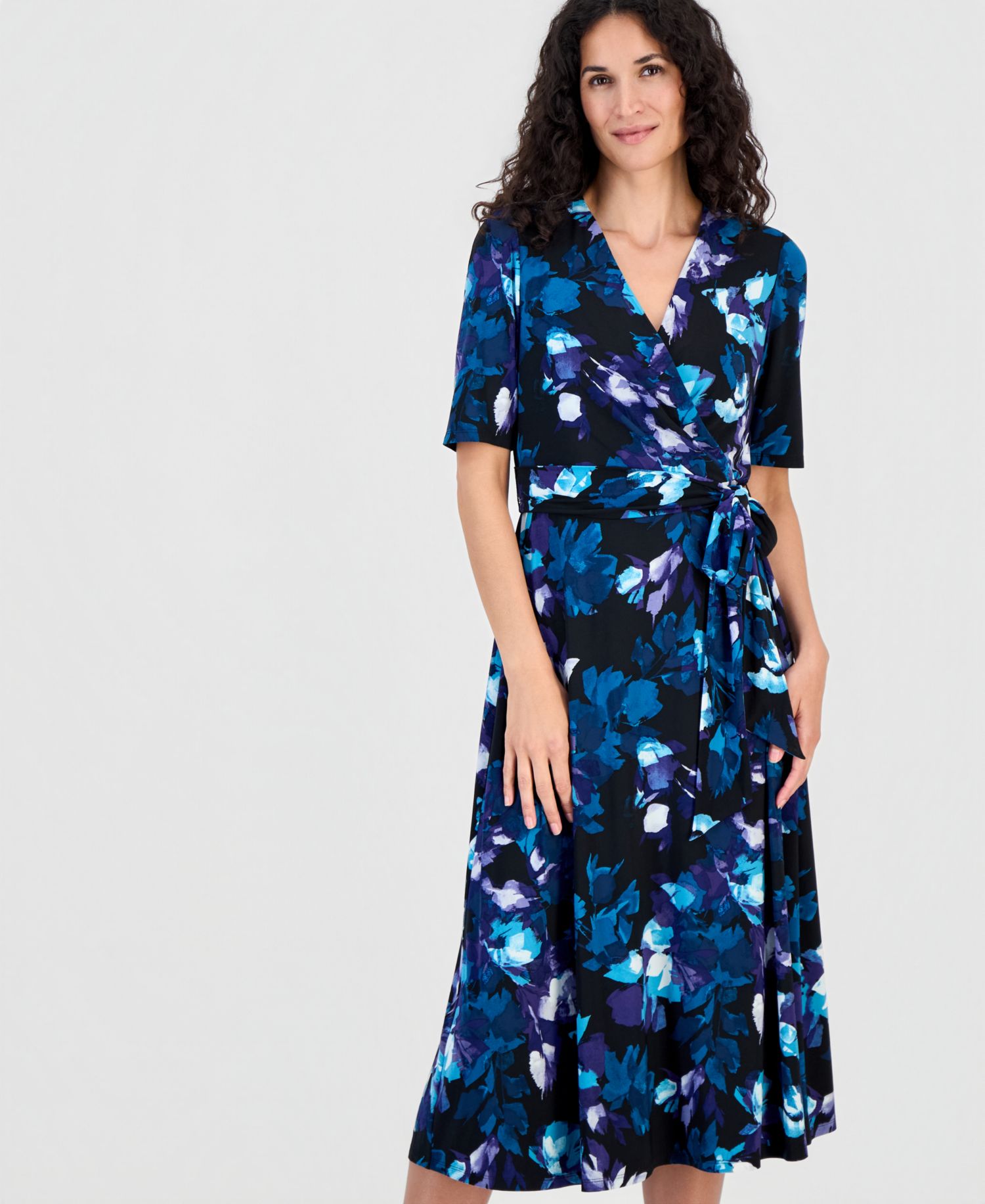 Women's Elbow-Sleeve Wrap-Front Fit & Flare Dress