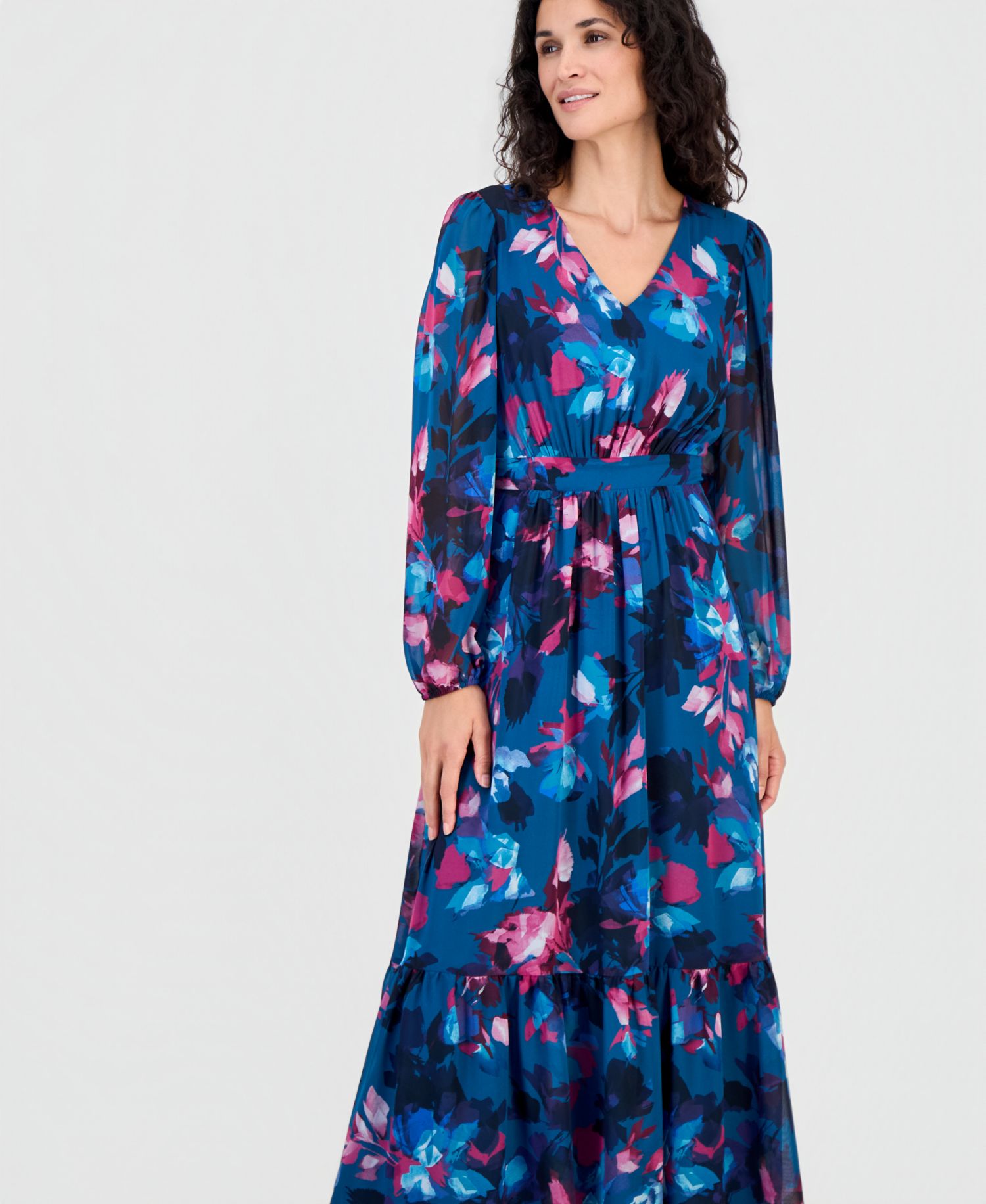 Women's Floral Balloon-Sleeve Smocked-Back Maxi Dress