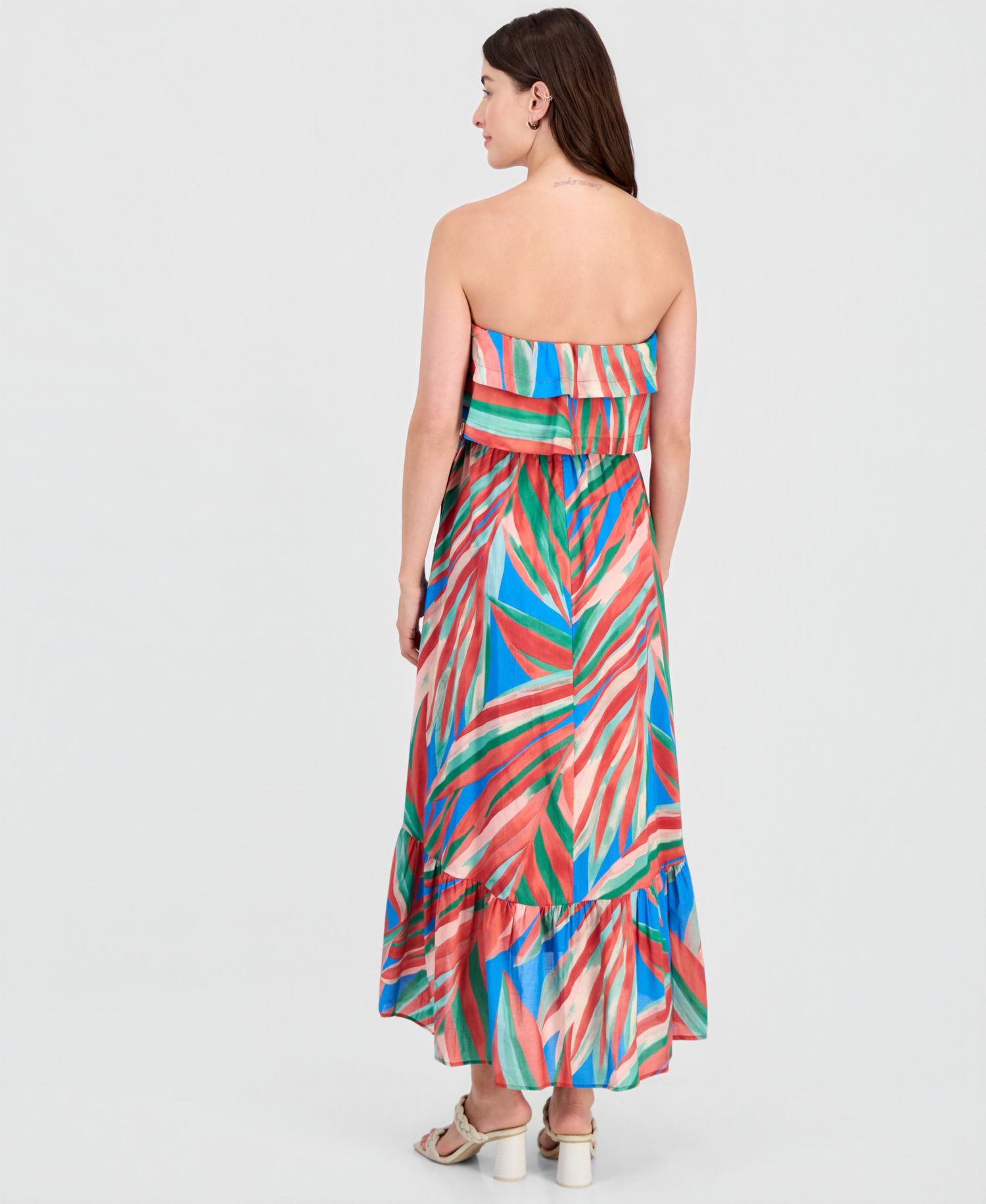Women's Strapless Tropical Ruffled Maxi Dress